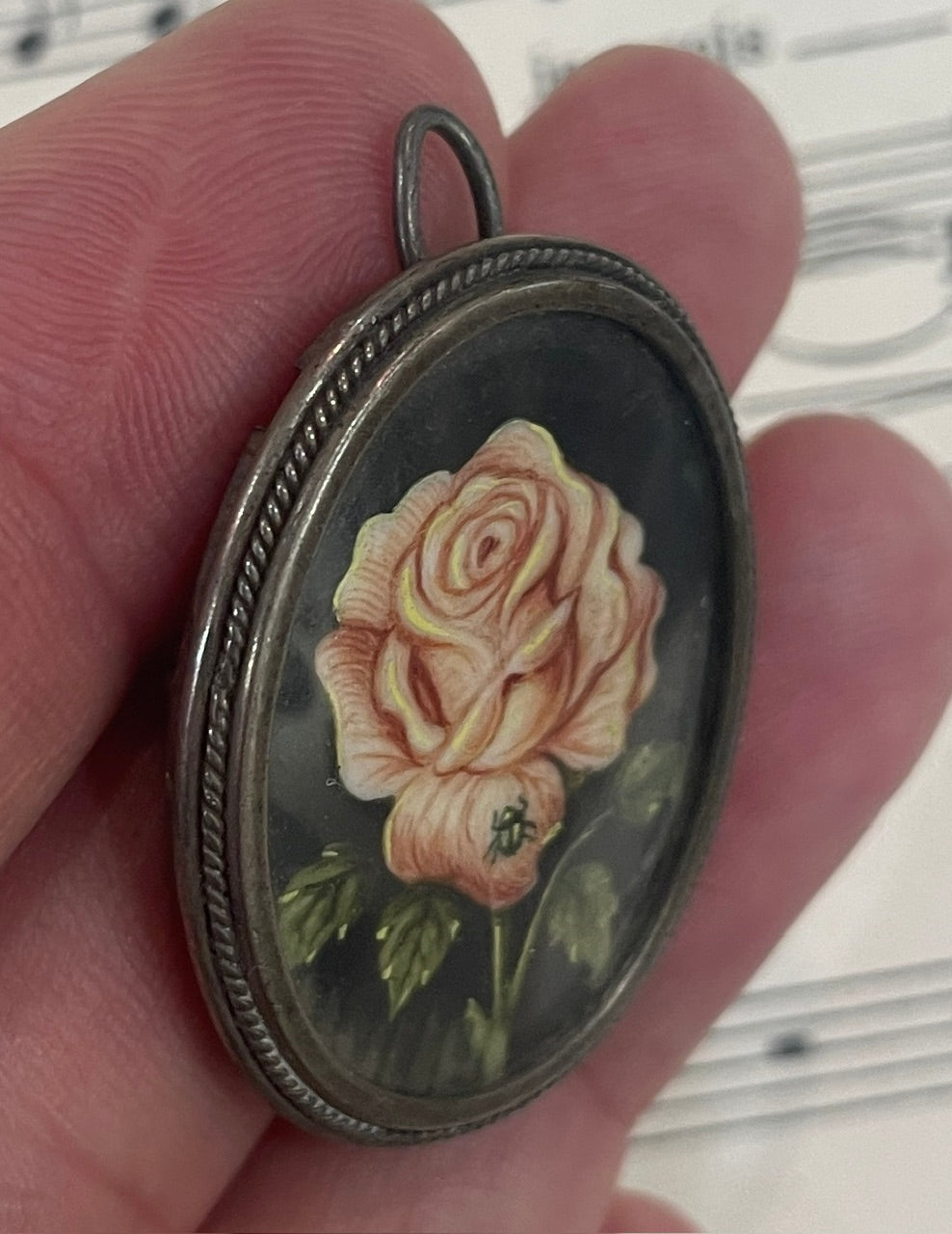 Rare Antique Silver 800 Art Nouveau Hand Painted Miniature Brooch Pendant Rose Insect c1900