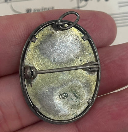 Rare Antique Silver 800 Art Nouveau Hand Painted Miniature Brooch Pendant Rose Insect c1900