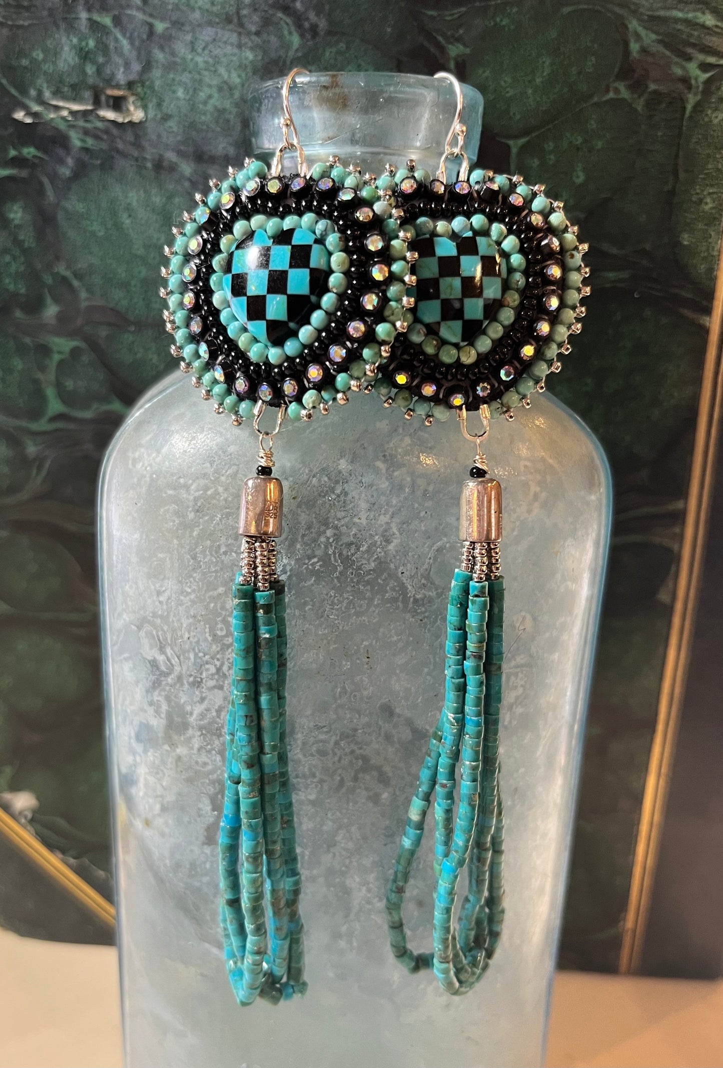 Checkerboard Heart Turquoise Beaded earrings with sterling silver