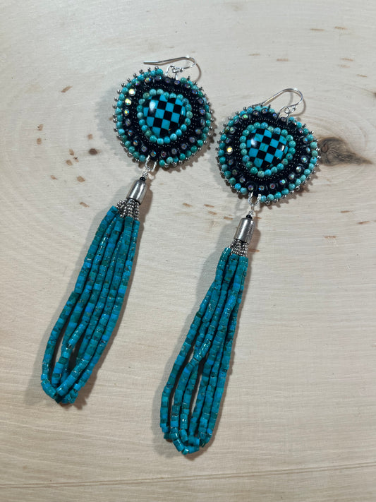 Checkerboard Heart Turquoise Beaded earrings with sterling silver