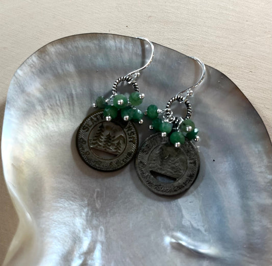 Vintage Seattle Transit Token earrings with emeralds