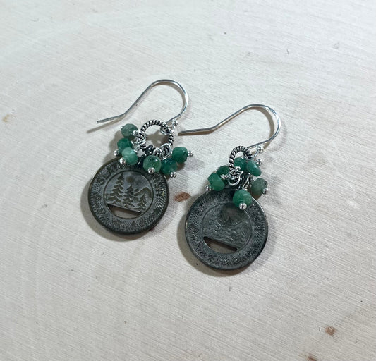 Vintage Seattle Transit Token earrings with emeralds