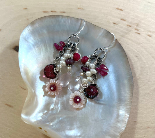 Cherry Blossom Ruby, Tourmaline and Shell earrings