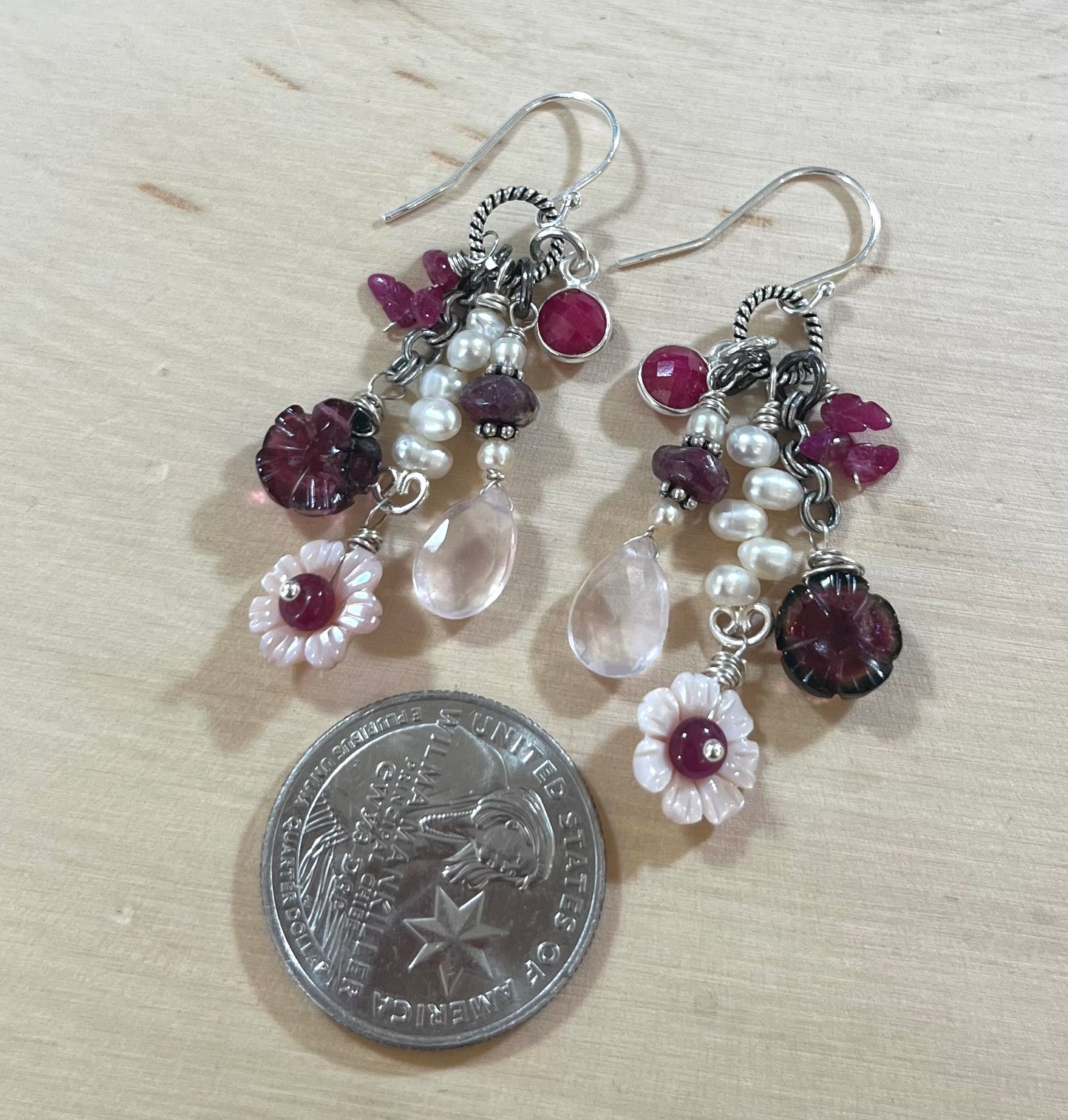 Cherry Blossom Ruby, Tourmaline and Shell earrings