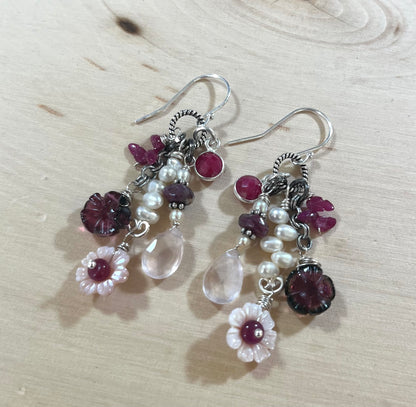 Cherry Blossom Ruby, Tourmaline and Shell earrings
