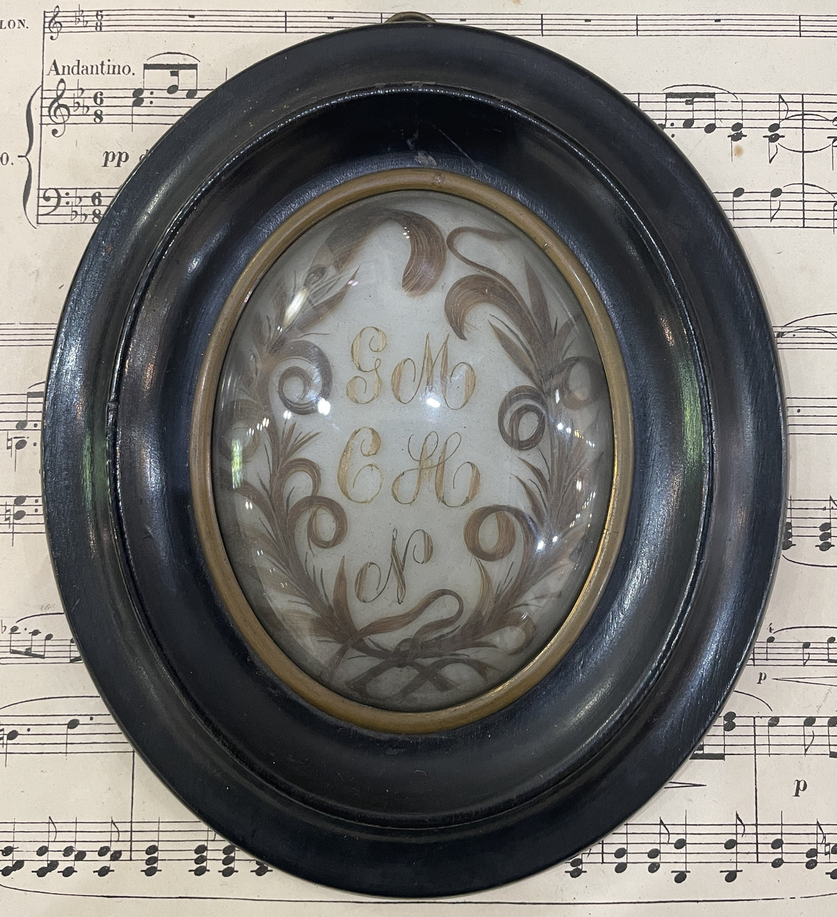 Antique French Mourning Hair Art Domed Glass Wooden Frame c1852
