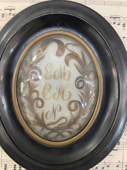 Antique French Mourning Hair Art Domed Glass Wooden Frame c1852