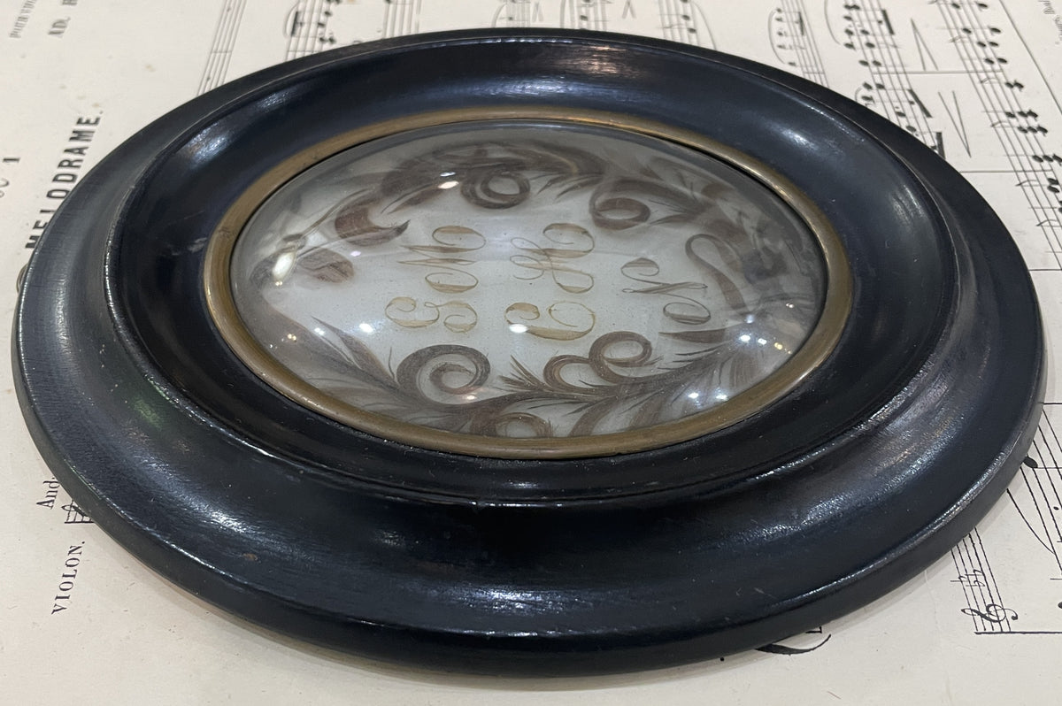 Antique French Mourning Hair Art Domed Glass Wooden Frame c1852