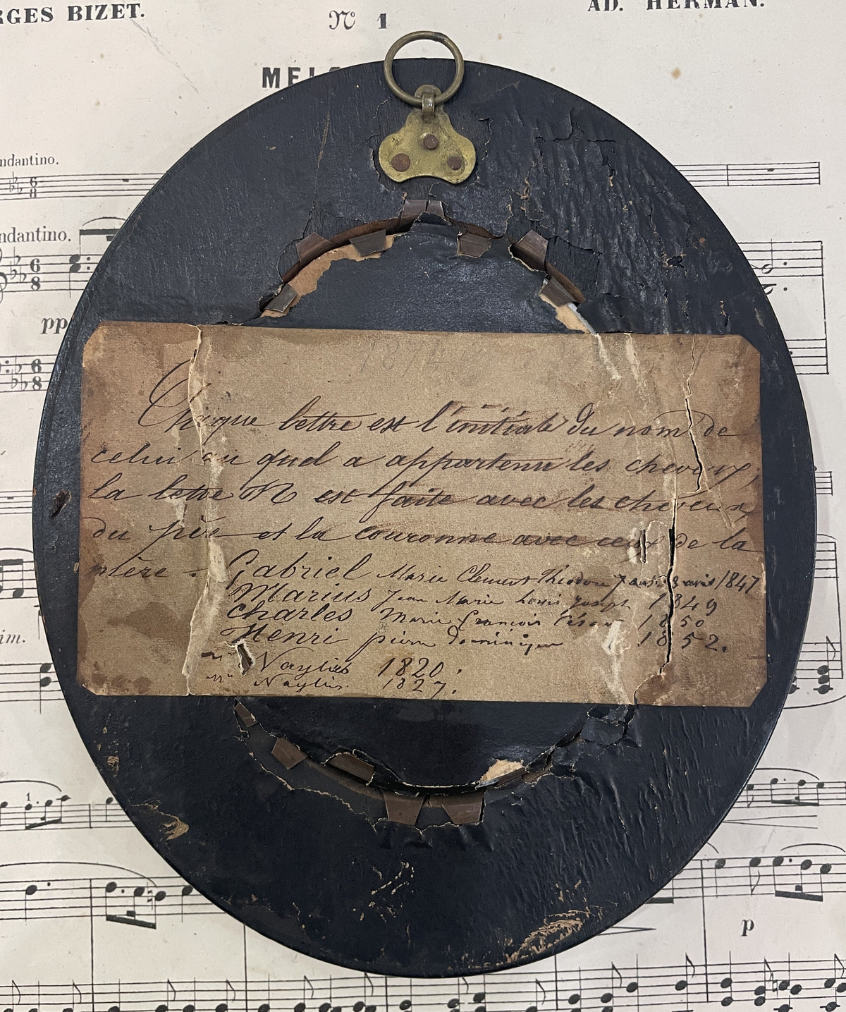Antique French Mourning Hair Art Domed Glass Wooden Frame c1852
