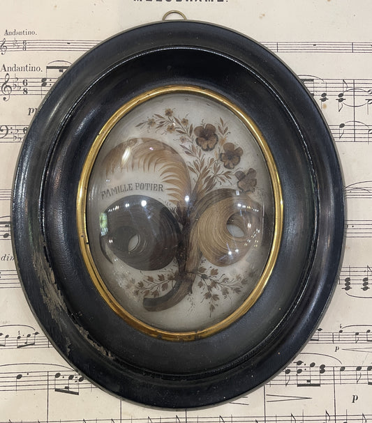 Rare Antique French Mourning Hair Art Domed Glass Wooden Frame c1880