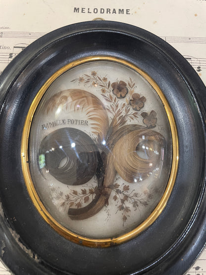 Rare Antique French Mourning Hair Art Domed Glass Wooden Frame c1880