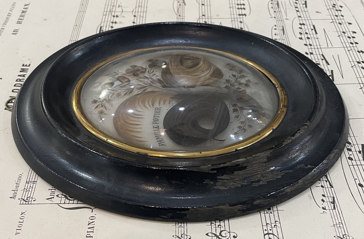 Rare Antique French Mourning Hair Art Domed Glass Wooden Frame c1880