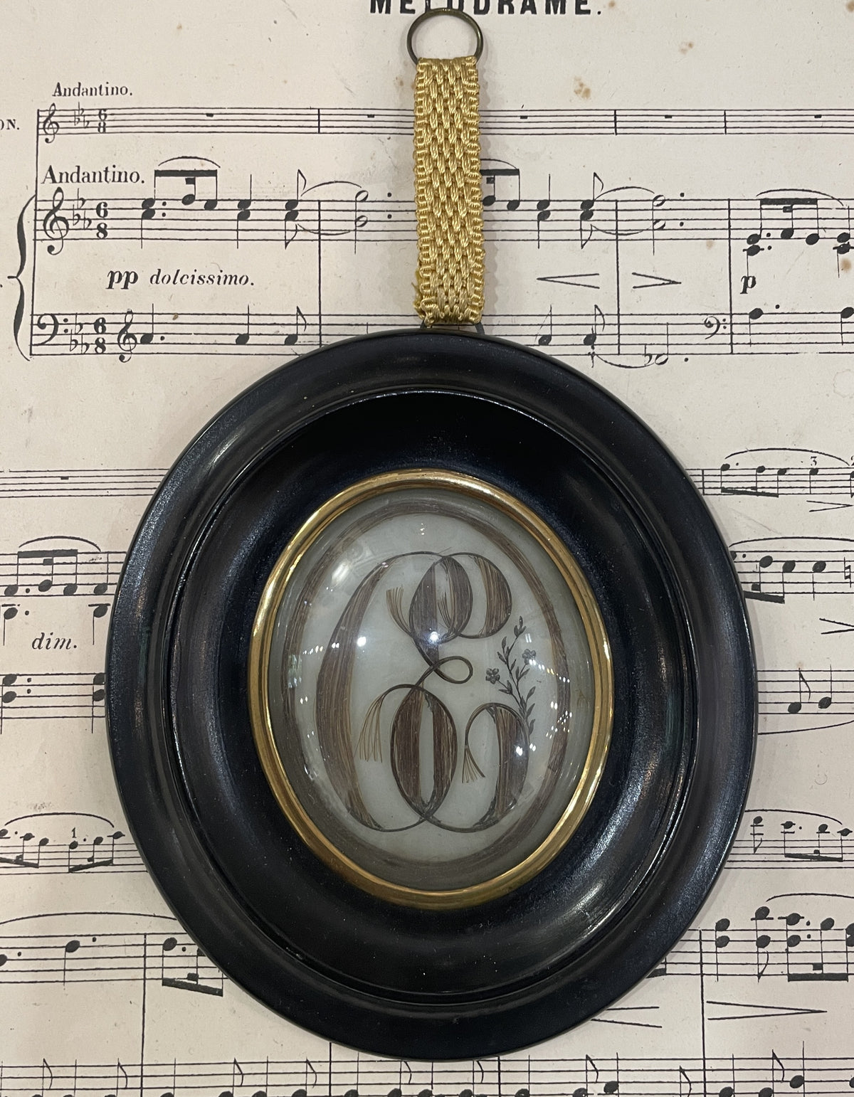 Antique French Mourning Hair Art Domed Glass Wooden Frame c1880