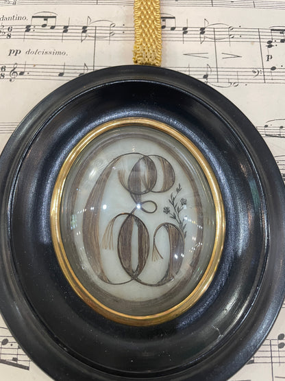 Antique French Mourning Hair Art Domed Glass Wooden Frame c1880