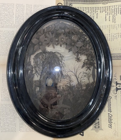 RARE Large Antique French Mourning Hair Art Glass Wooden Frame c1880 18 inches!