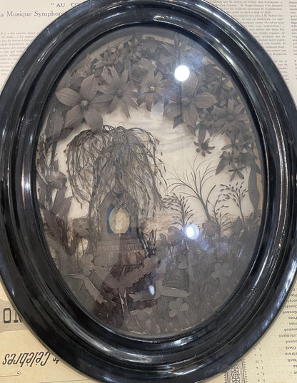 RARE Large Antique French Mourning Hair Art Glass Wooden Frame c1880 18 inches!