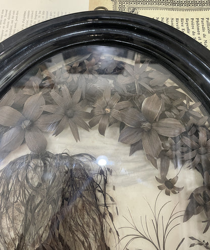 RARE Large Antique French Mourning Hair Art Glass Wooden Frame c1880 18 inches!