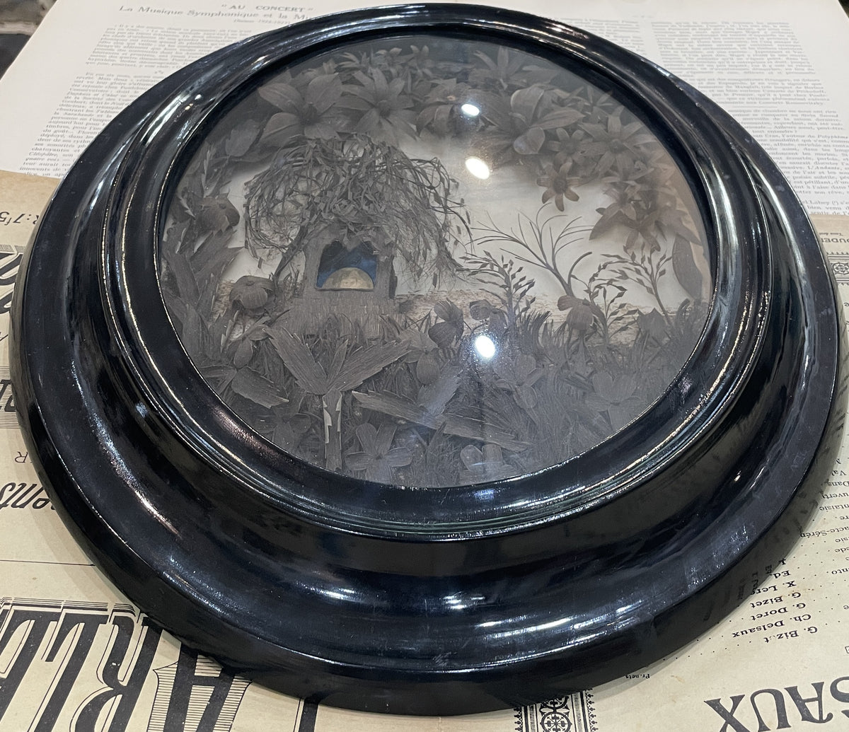 RARE Large Antique French Mourning Hair Art Glass Wooden Frame c1880 18 inches!