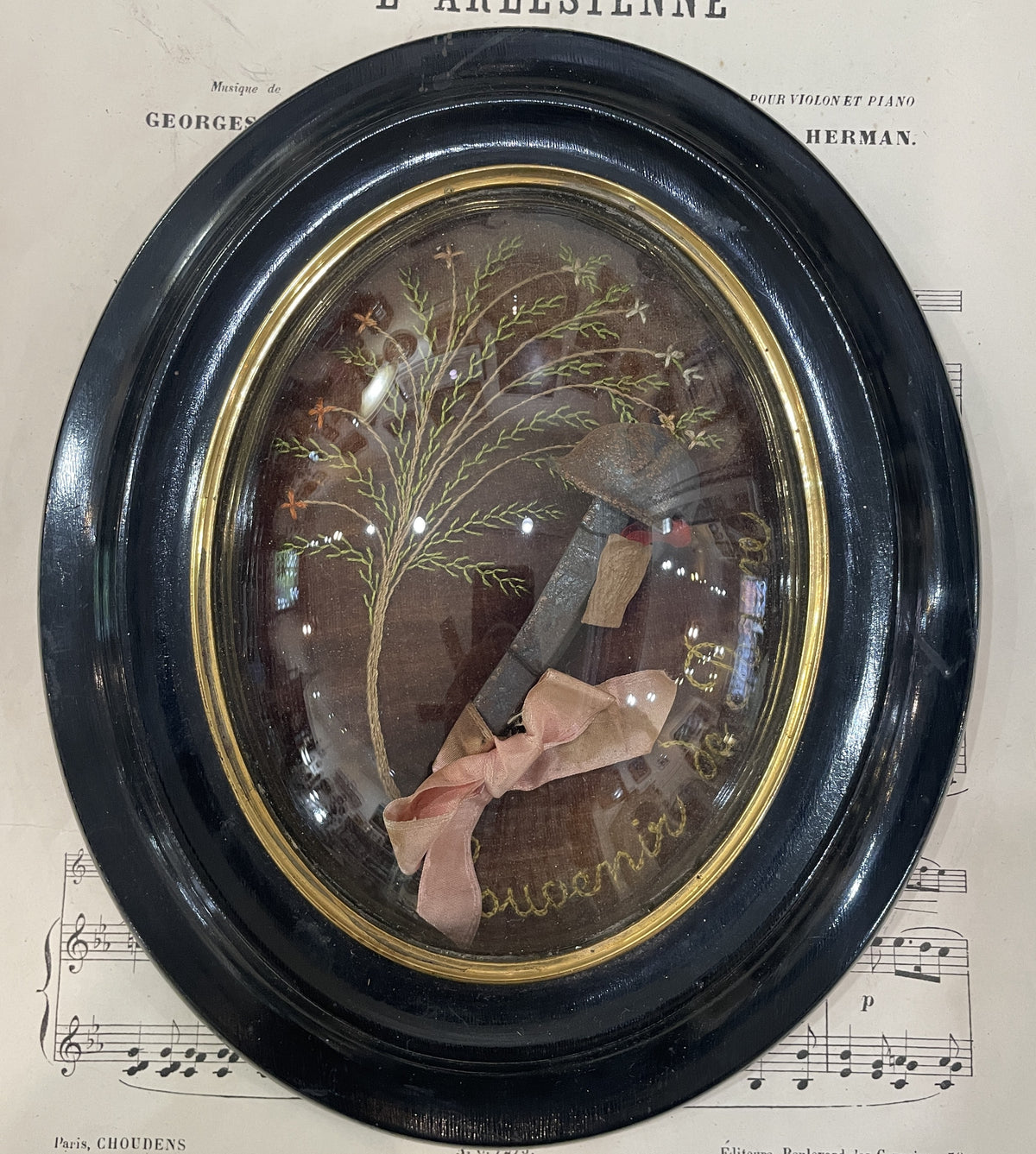 Rare Large Antique French Reliquary Domed Glass Passion HOLY NAIL Crucifixion Embroidery c1880