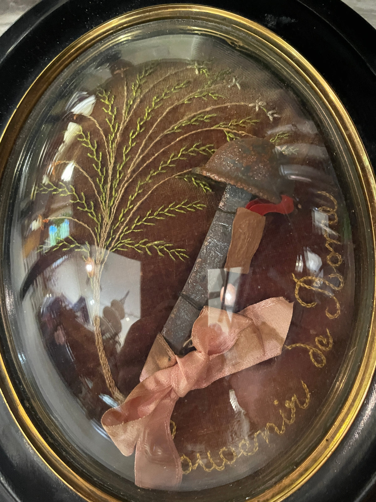 Rare Large Antique French Reliquary Domed Glass Passion HOLY NAIL Crucifixion Embroidery c1880