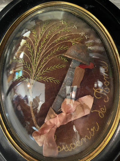 Rare Large Antique French Reliquary Domed Glass Passion HOLY NAIL Crucifixion Embroidery c1880