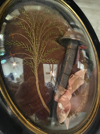 Rare Large Antique French Reliquary Domed Glass Passion HOLY NAIL Crucifixion Embroidery c1880