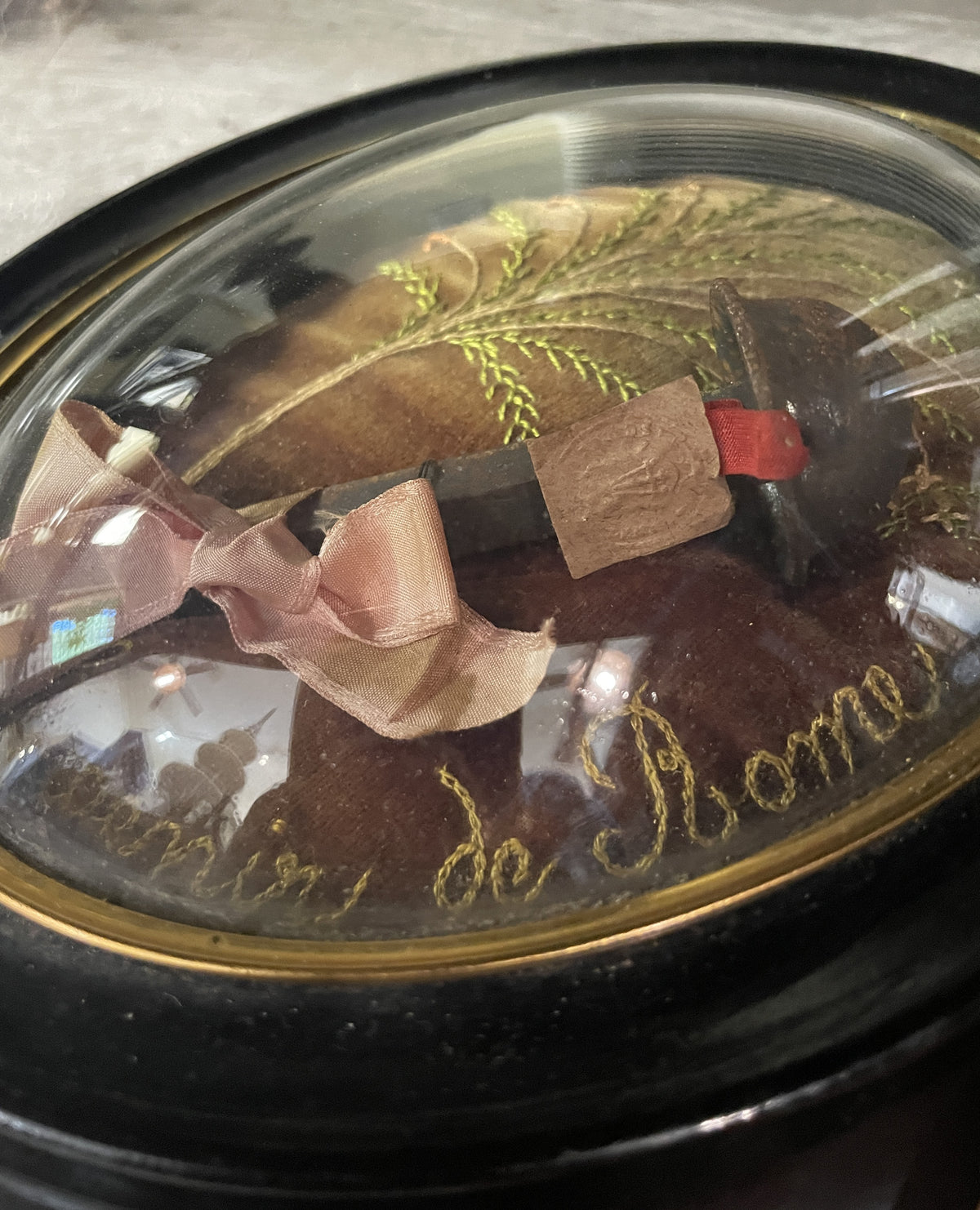 Rare Large Antique French Reliquary Domed Glass Passion HOLY NAIL Crucifixion Embroidery c1880
