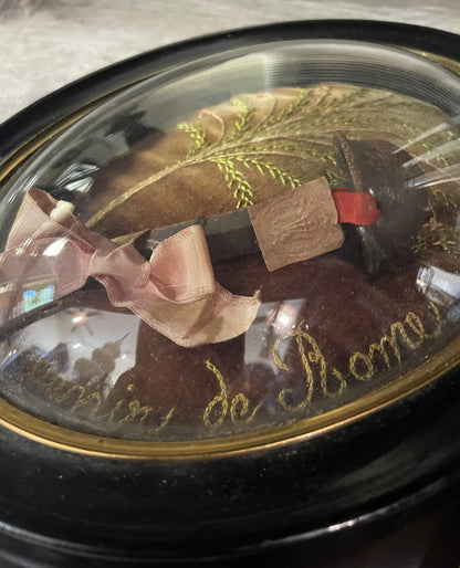 Rare Large Antique French Reliquary Domed Glass Passion HOLY NAIL Crucifixion Embroidery c1880
