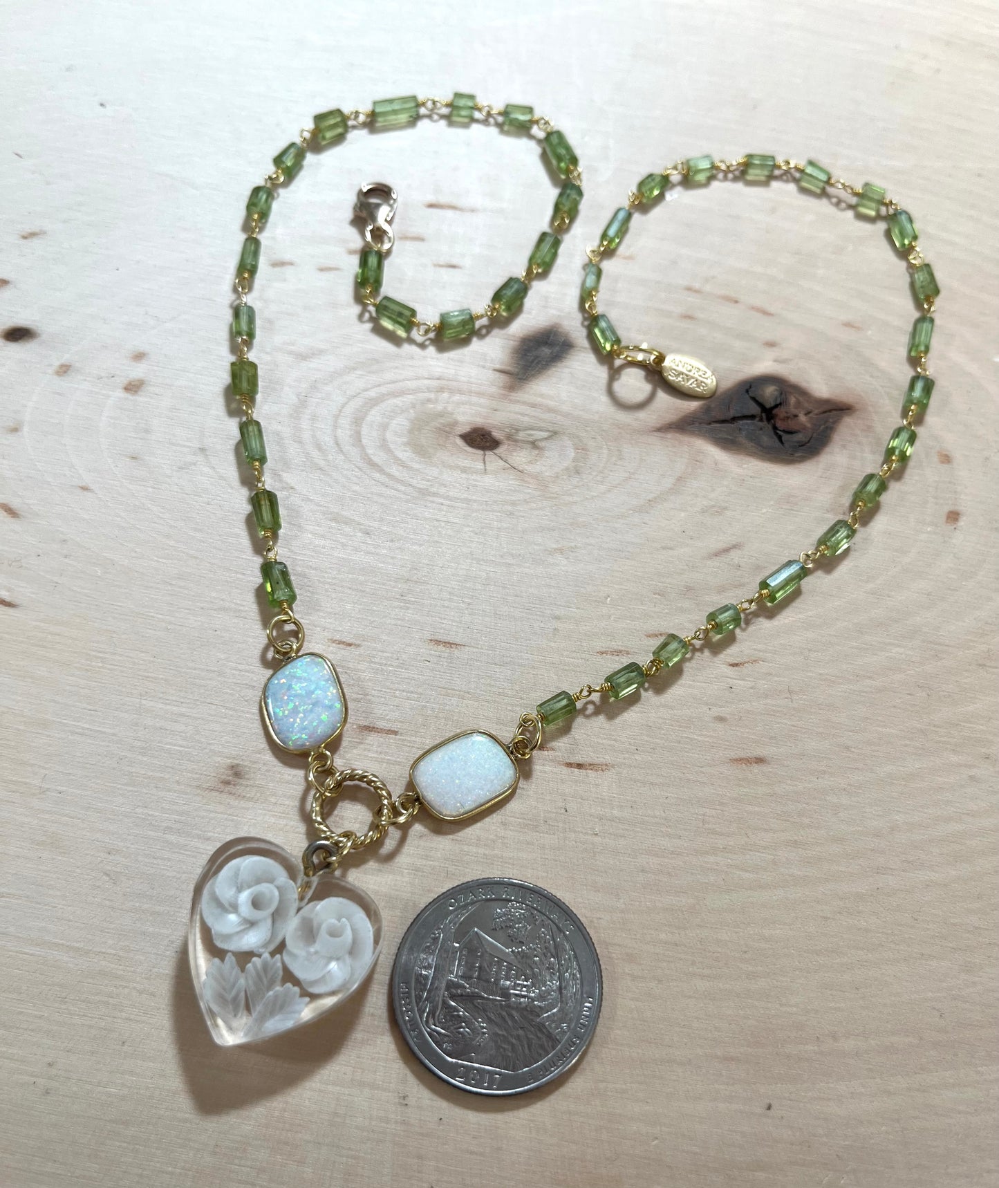 Vintage French Lucite Heart necklace with opals and peridot