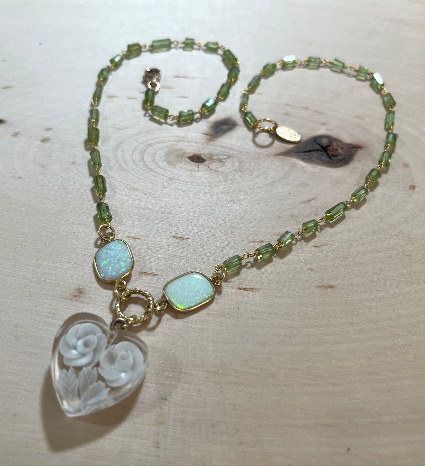 Vintage French Lucite Heart necklace with opals and peridot