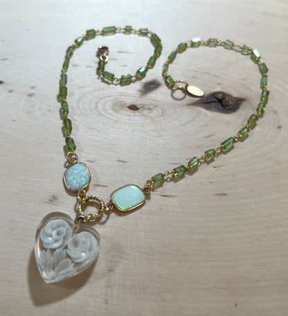 Vintage French Lucite Heart necklace with opals and peridot