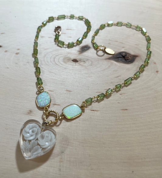 Vintage French Lucite Heart necklace with opals and peridot