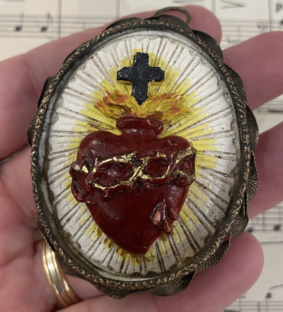 Rare Small Antique French Reliquary / Ex Voto Sacred Heart c1880