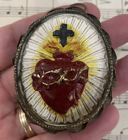 Rare Small Antique French Reliquary / Ex Voto Sacred Heart c1880