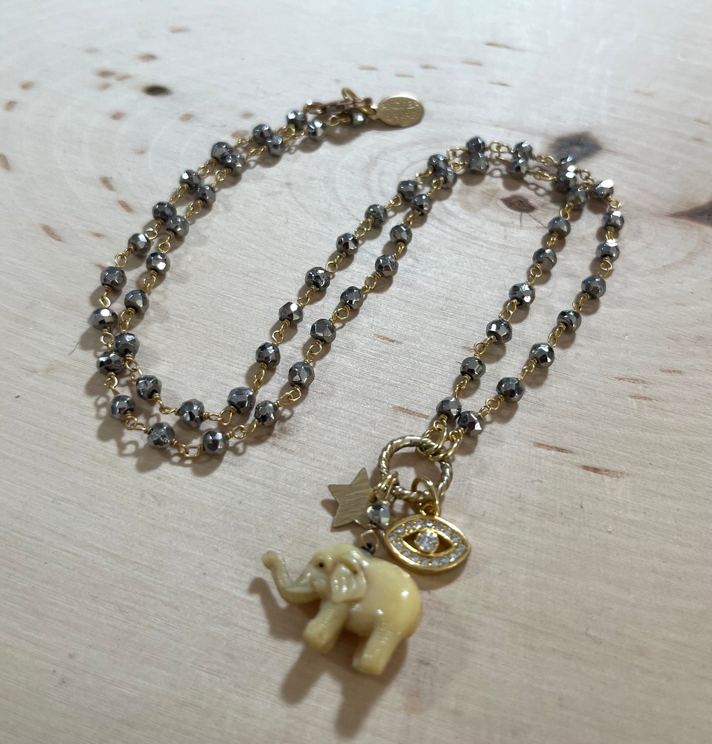 Vintage French Lucky Elephant Necklace with pyrite