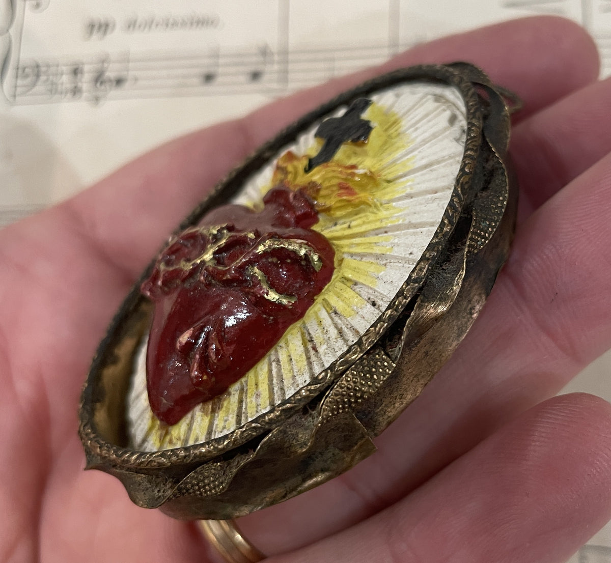 Rare Small Antique French Reliquary / Ex Voto Sacred Heart c1880