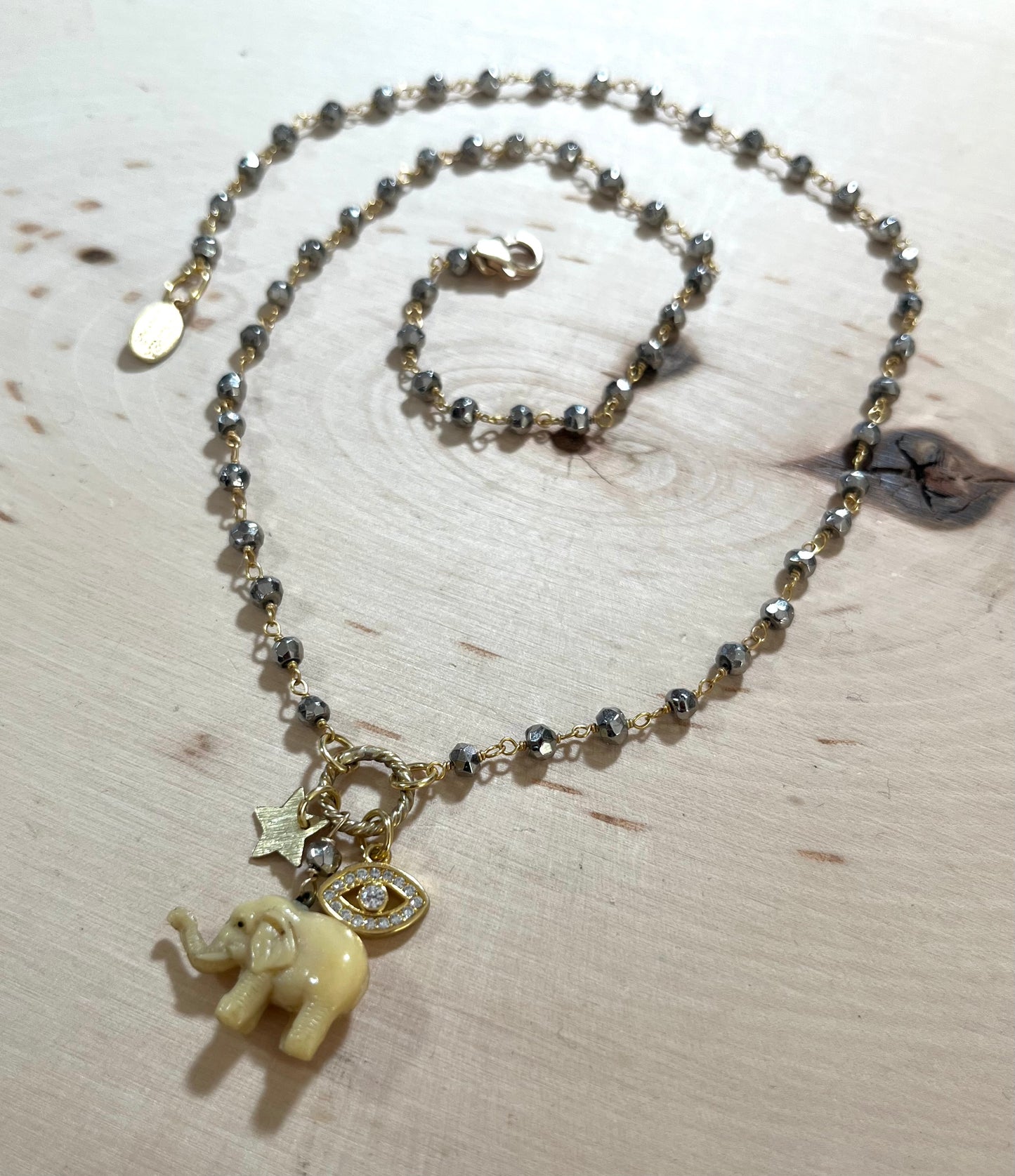 Vintage French Lucky Elephant Necklace with pyrite