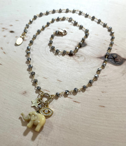 Vintage French Lucky Elephant Necklace with pyrite