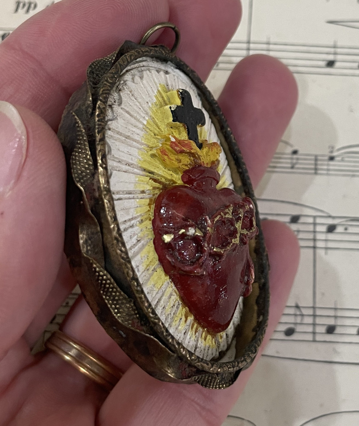 Rare Small Antique French Reliquary / Ex Voto Sacred Heart c1880