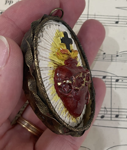 Rare Small Antique French Reliquary / Ex Voto Sacred Heart c1880
