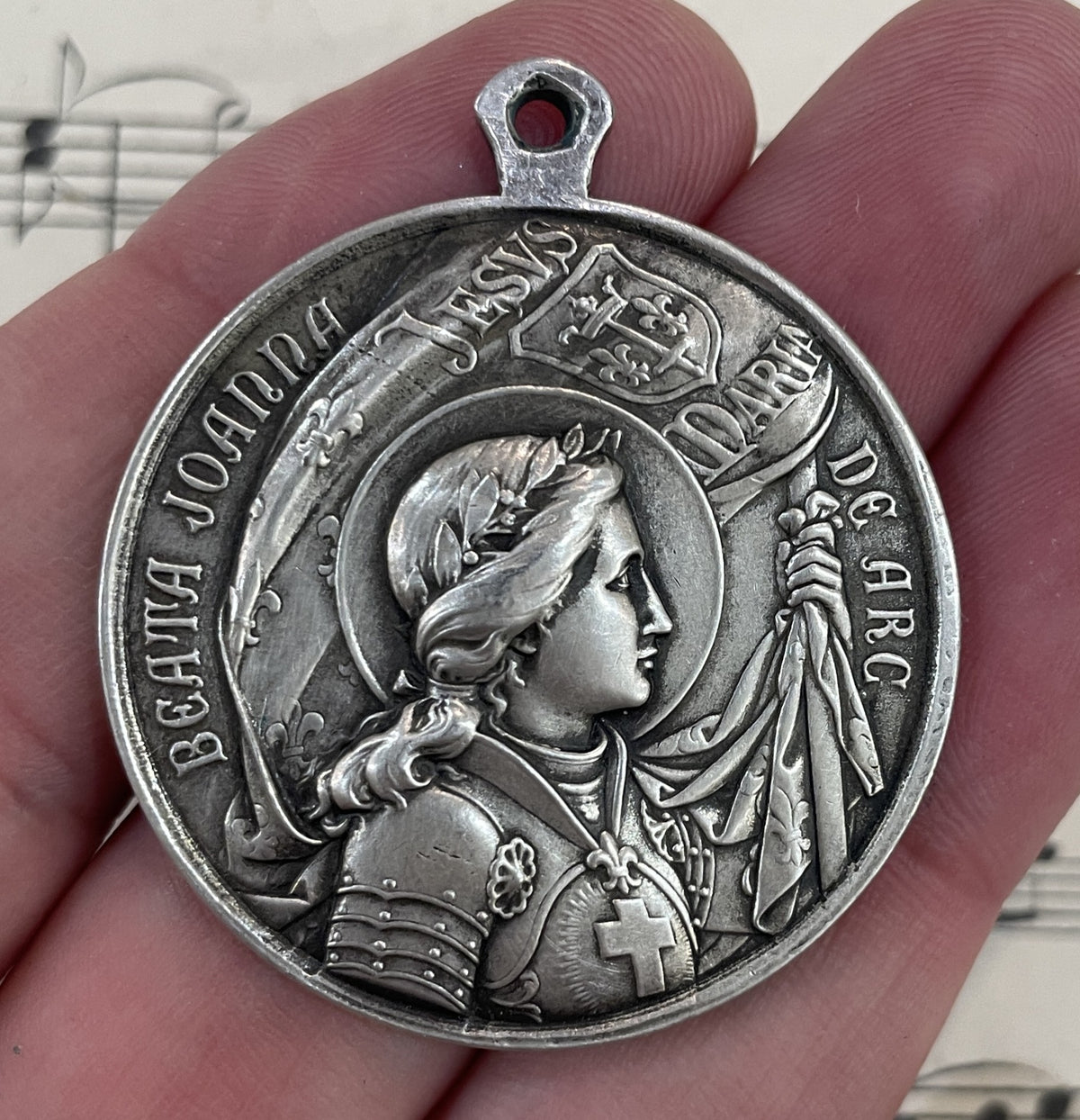Large Antique French Bronze Joan of Arc Religious Medal Pope Pius X c1909