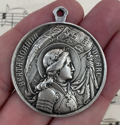 Large Antique French Bronze Joan of Arc Religious Medal Pope Pius X c1909