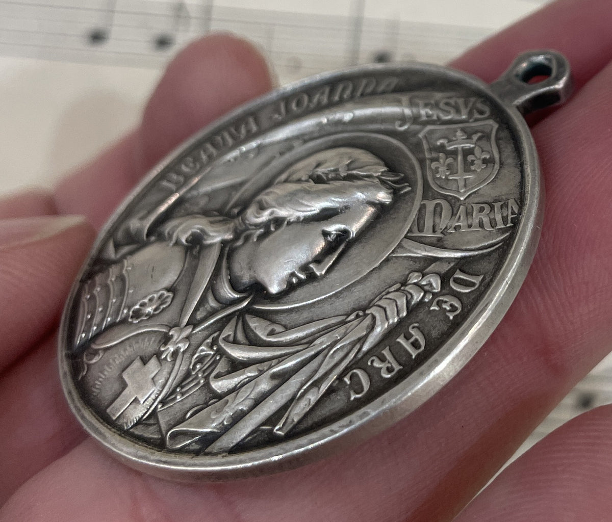 Large Antique French Bronze Joan of Arc Religious Medal Pope Pius X c1909