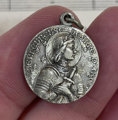 Antique French Silver Plated Joan of Arc Religious Medal c1920
