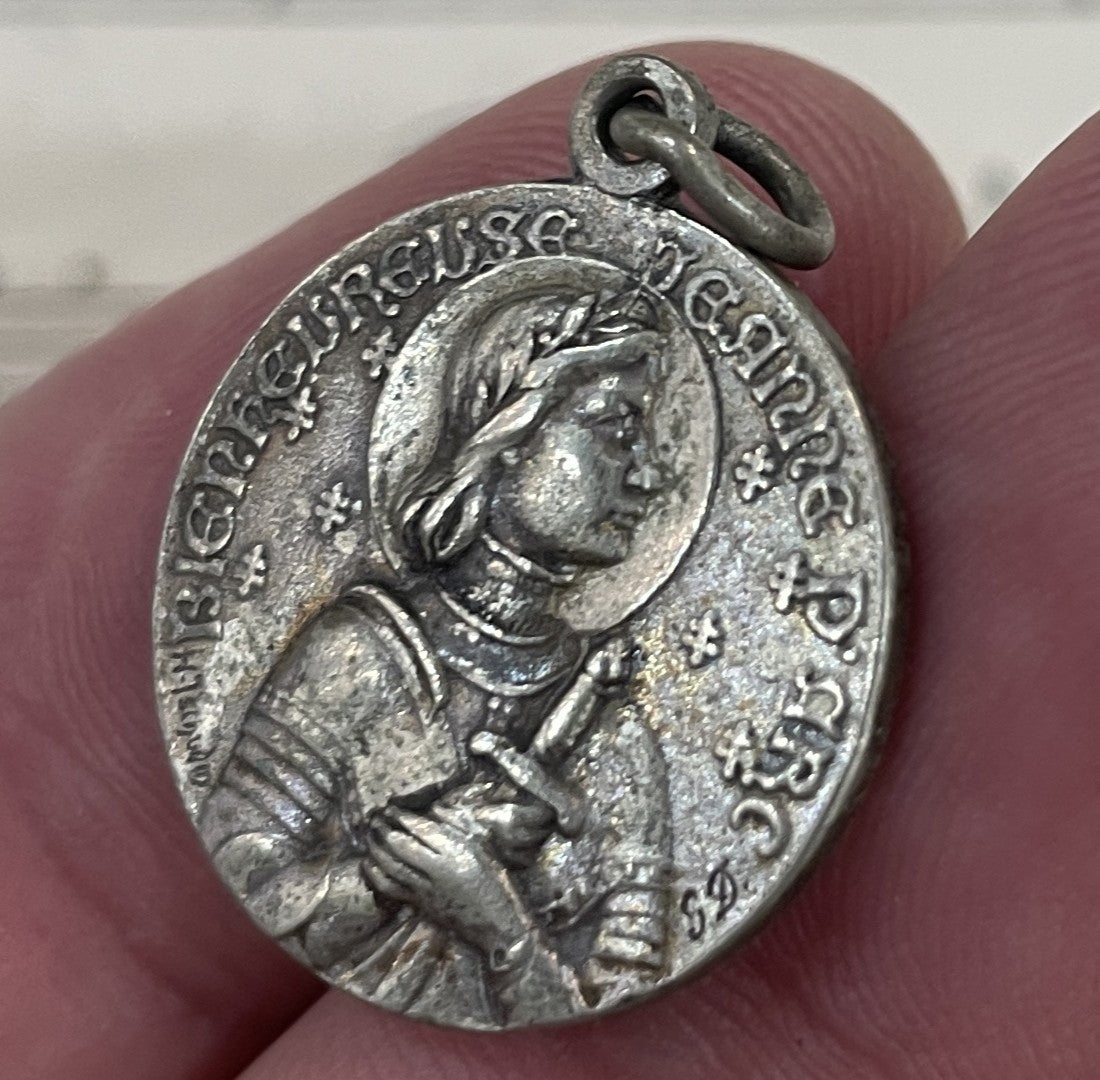 Antique French Silver Plated Joan of Arc Religious Medal c1920