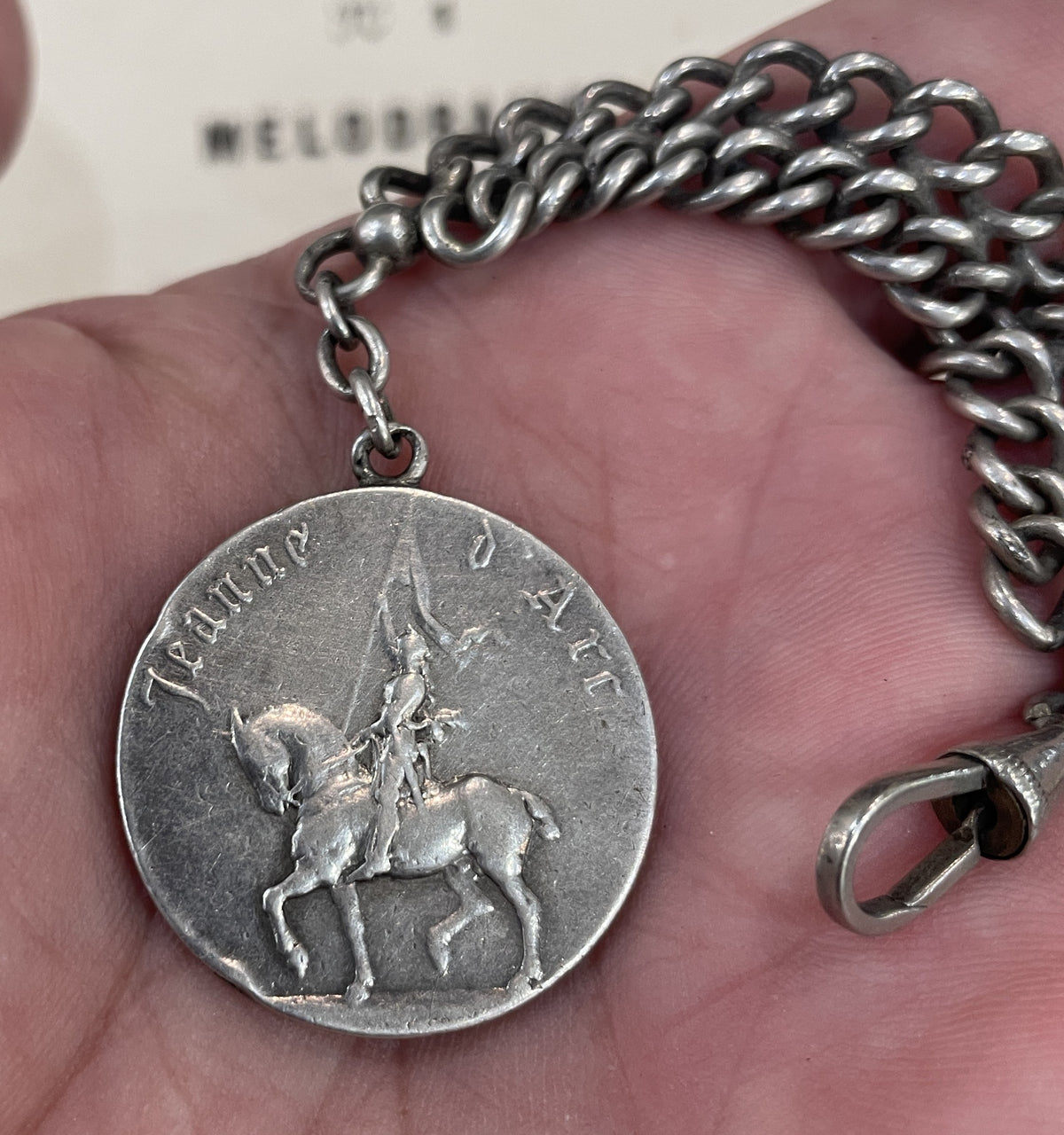 Rare Antique French Sterling Silver Joan of Arc Chatelaine Chain Horse c1900