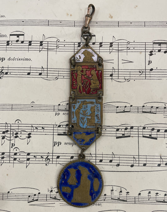 Rare Antique French Enameled Egyptian Revival Pharaoh Sphinx Chatelaine c1920
