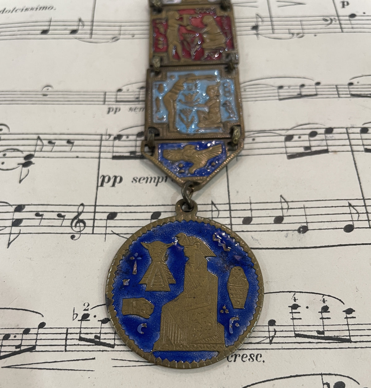 Rare Antique French Enameled Egyptian Revival Pharaoh Sphinx Chatelaine c1920