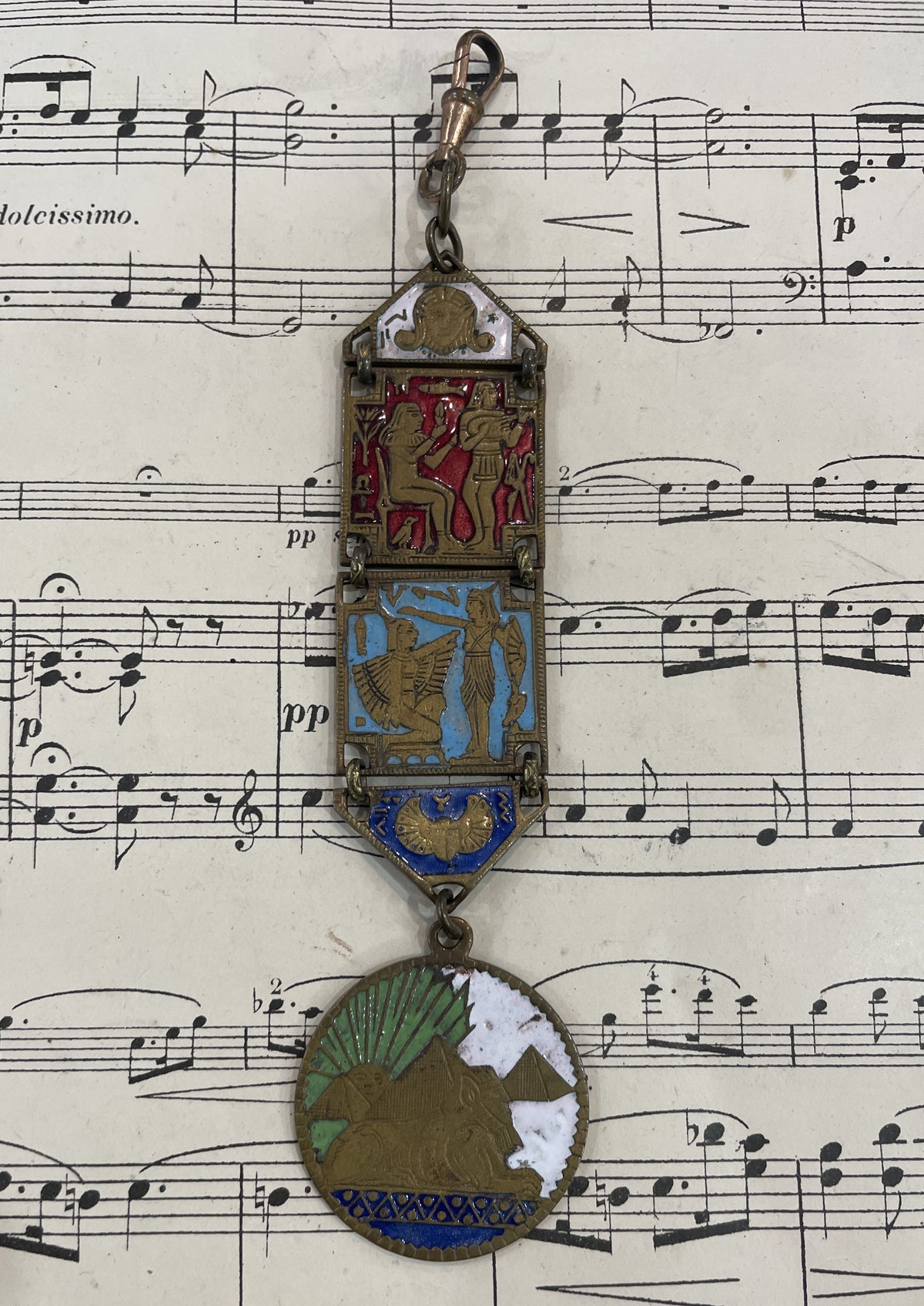 Rare Antique French Enameled Egyptian Revival Pharaoh Sphinx Chatelaine c1920