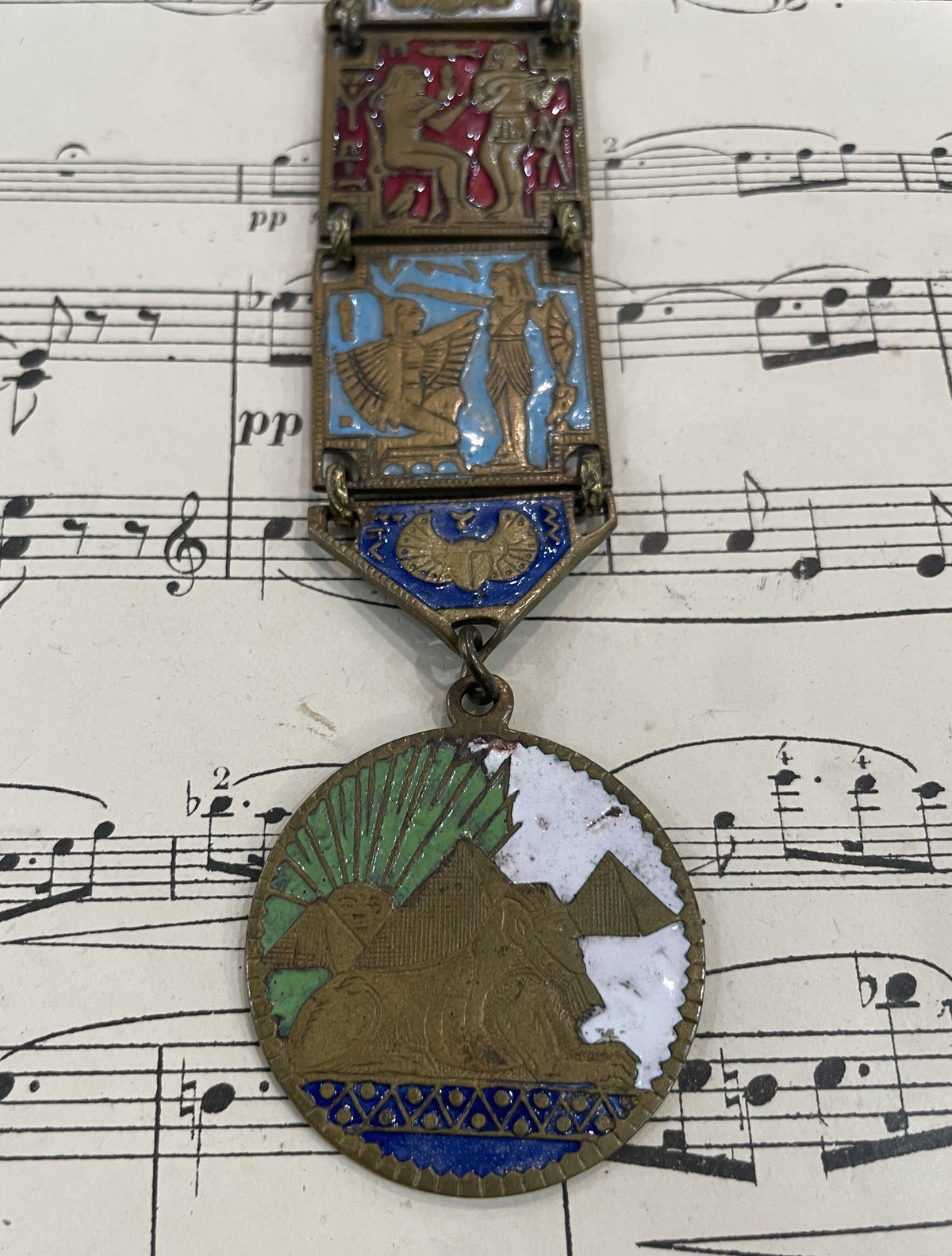 Rare Antique French Enameled Egyptian Revival Pharaoh Sphinx Chatelaine c1920